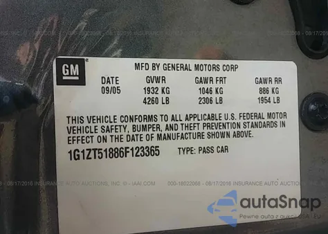 2006 Chevrolet Malibu Lt из США, поврежденный, VIN 1G1ZT51886F123365